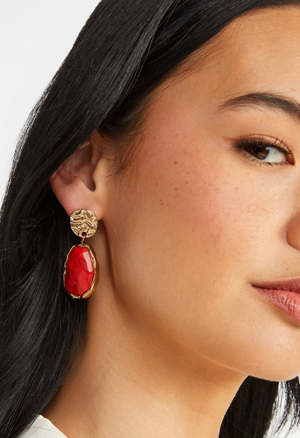 Oma Textured Coin With Irregular Resin Drop Earrin Coral/ Gold