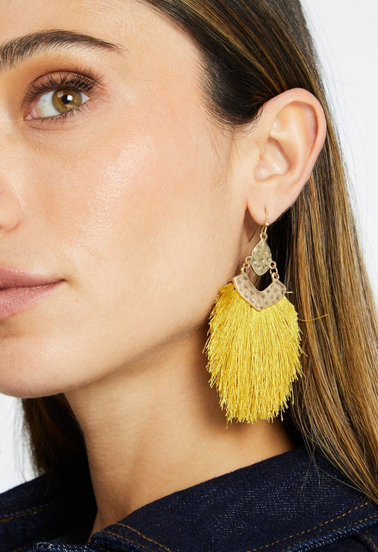 Mei Fringed Hammered Metal Drop Earrings Mustard/ Gold