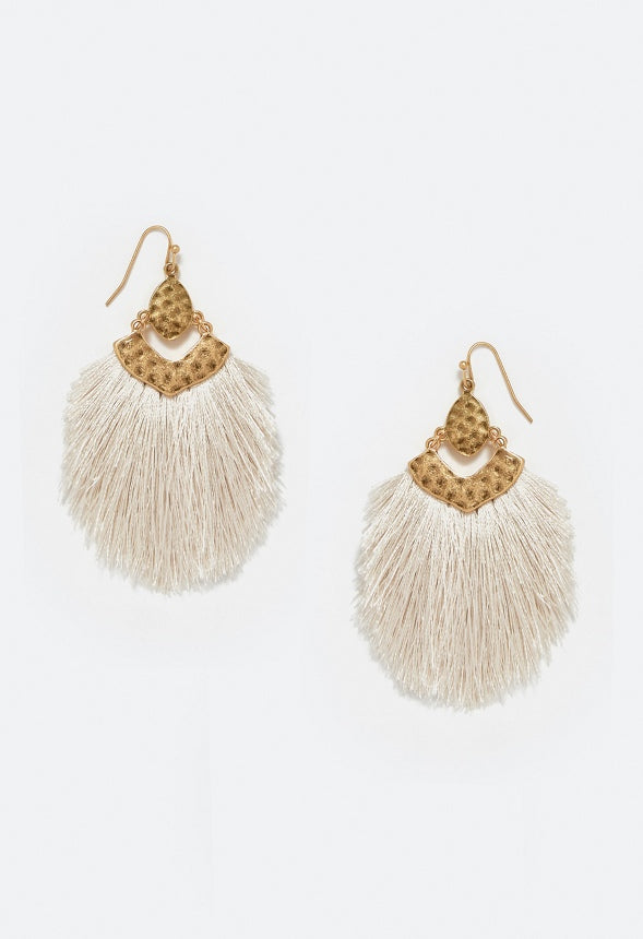 Mei Fringed Hammered Metal Drop Earrings Cream/ Gold