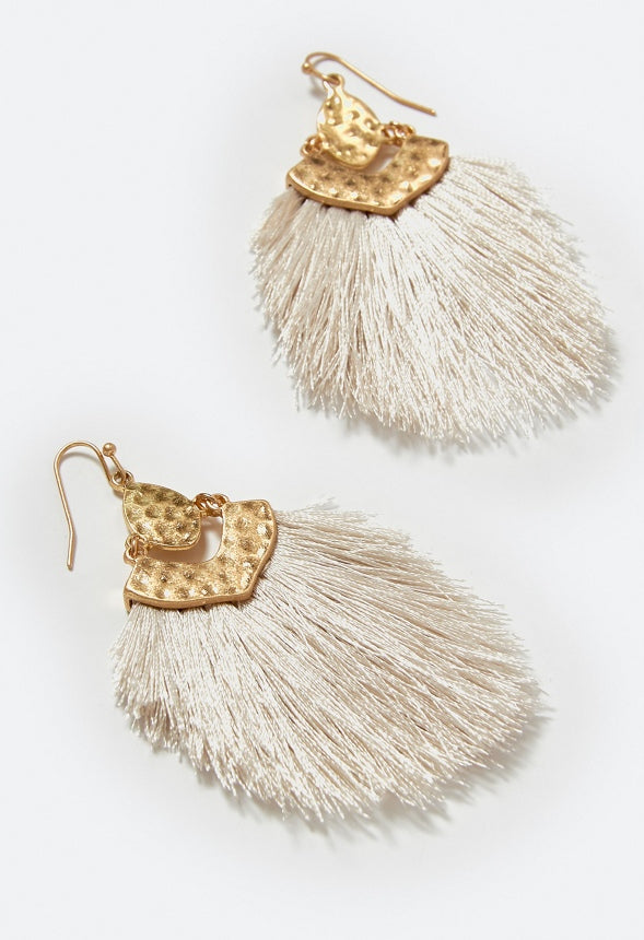 Mei Fringed Hammered Metal Drop Earrings Cream/ Gold