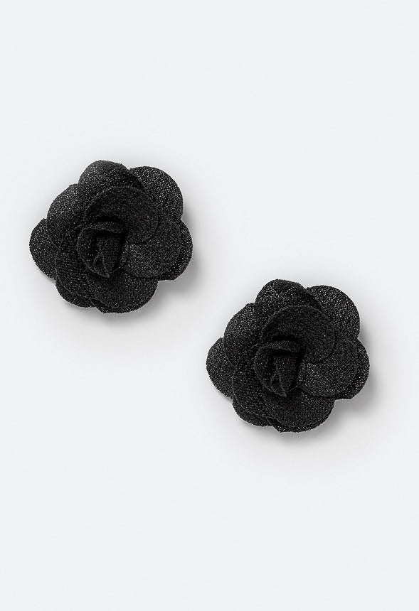 Riz Statement Fabric Flower Stud Earrings Black/ Gold