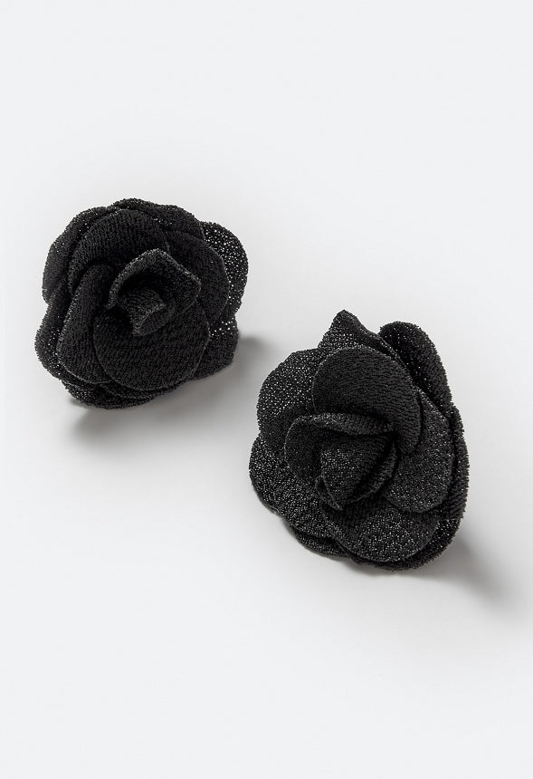 Riz Statement Fabric Flower Stud Earrings Black/ Gold