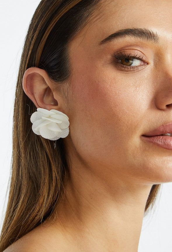 Riz Statement Fabric Flower Stud Earrings Cream/ Gold