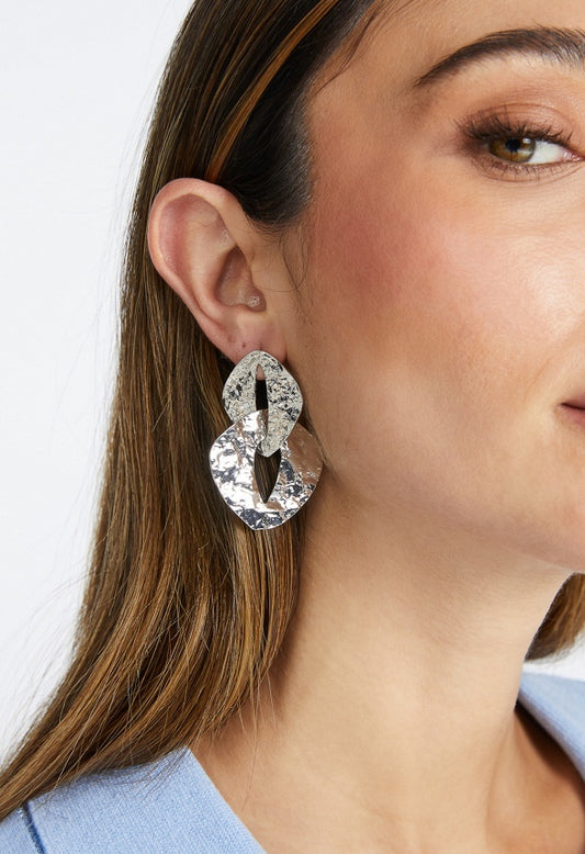 Tam Statement Hammered Metal Chain Stud Earrings Silver