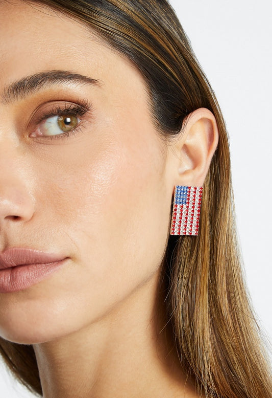 4th of July Juno Glass Pave Flag Stud Earrings Red/ Blue/ Silver