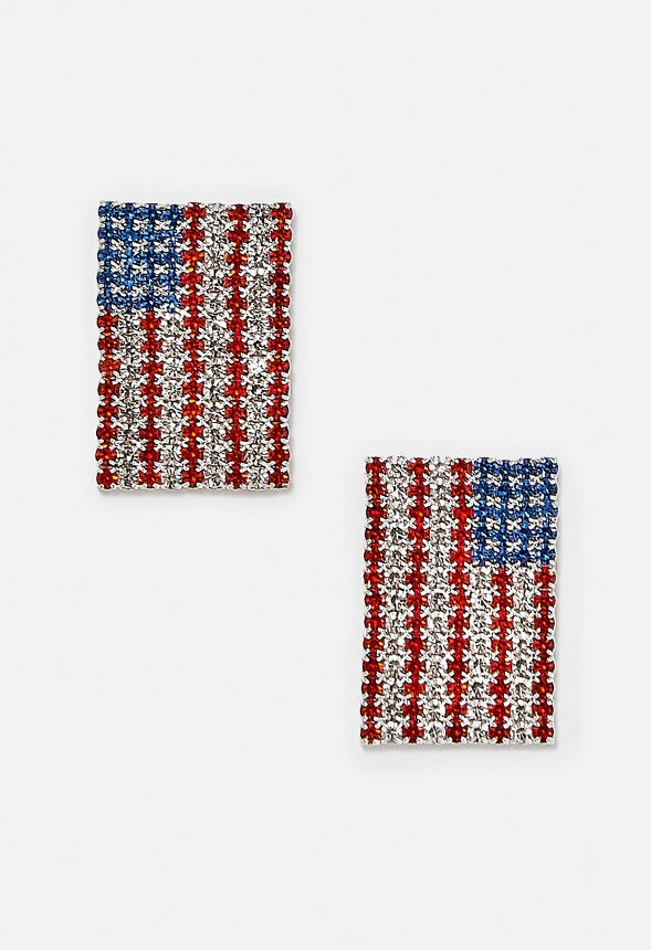 4th of July Juno Glass Pave Flag Stud Earrings Red/ Blue/ Silver