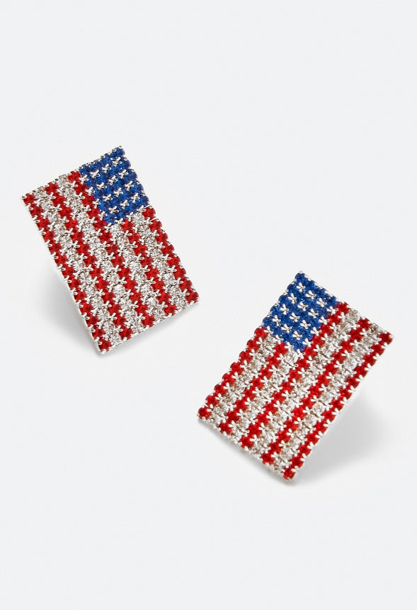 4th of July Juno Glass Pave Flag Stud Earrings Red/ Blue/ Silver