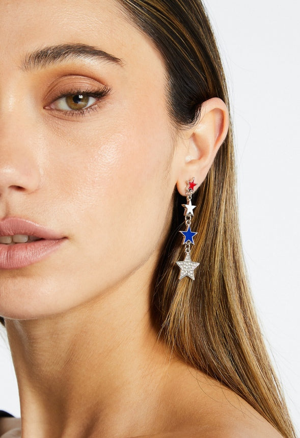 4th Of July Fawn Gradient Stars Dangle Earrings Red/ Blue/ Silver