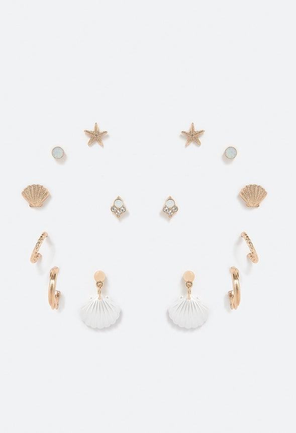 Ariel 7 Pairs Shell And Starfish Mixed Earrings Pack Cream/Gold