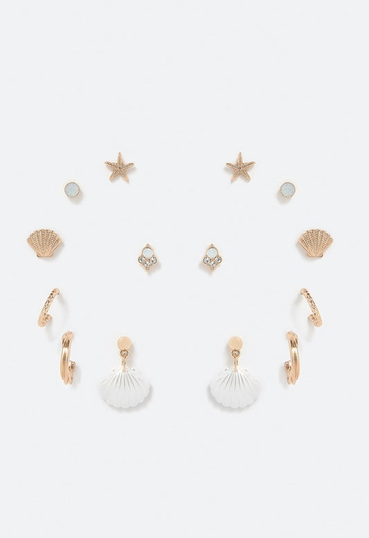 Ariel 7 Pairs Shell And Starfish Mixed Earrings Pack Cream/Gold