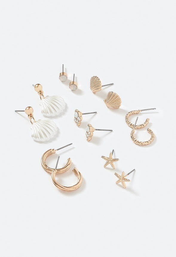 Ariel 7 Pairs Shell And Starfish Mixed Earrings Pack Cream/Gold