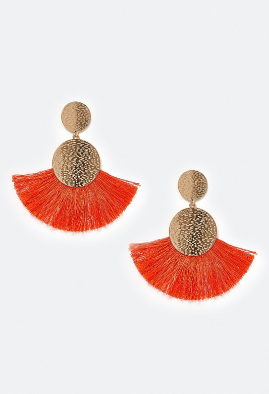 Emma Double Textured Disc And Fringe Drop Earrings Orange/ Gold