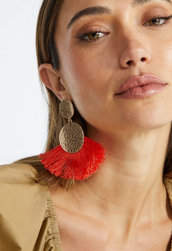 Emma Double Textured Disc And Fringe Drop Earrings Orange/ Gold