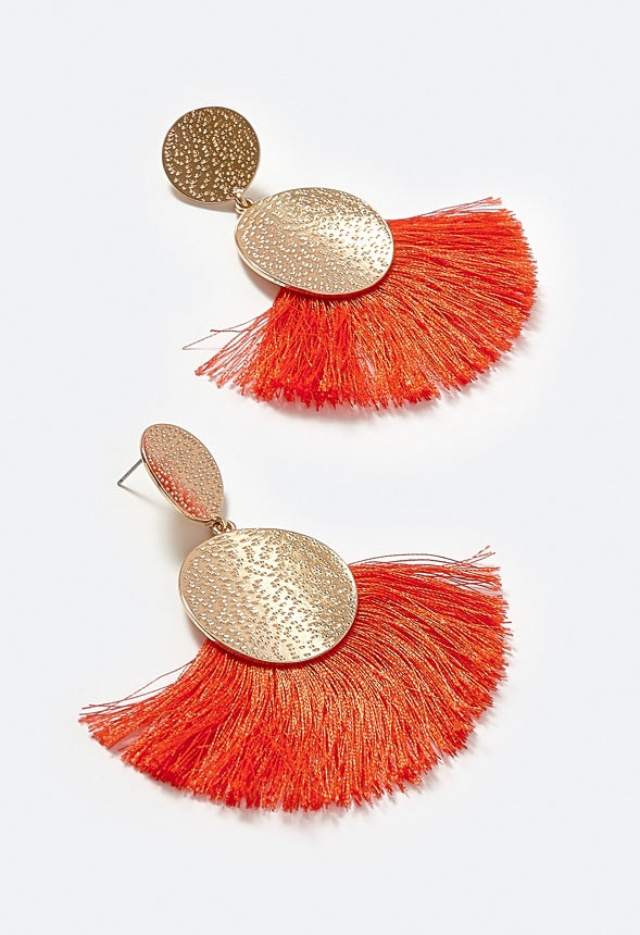 Emma Double Textured Disc And Fringe Drop Earrings Orange/ Gold