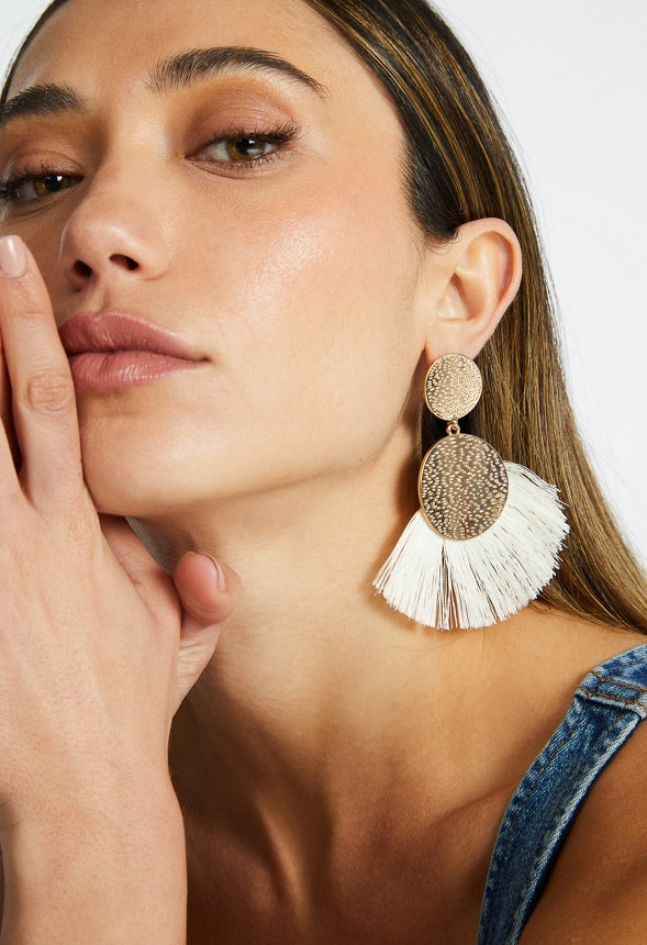 Emma Double Textured Disc And Fringe Drop Earrings Cream/ Gold