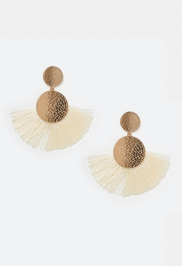 Emma Double Textured Disc And Fringe Drop Earrings Cream/ Gold