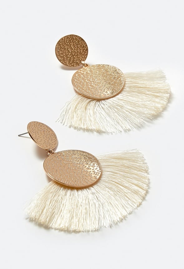 Emma Double Textured Disc And Fringe Drop Earrings Cream/ Gold