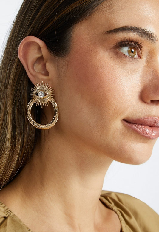 Fia Evil Eye And Textured Metal Ring Door Knocker Earrings  Gold