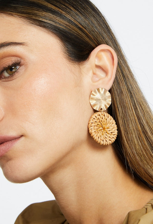Bia Ribbed Metal And Raffia Double Disc Drop Earrings Gold/ Raffia