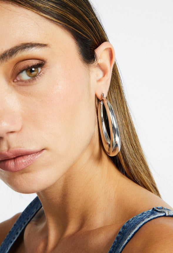 Cay Oval Smooth Tube Hoop Earrings Silver