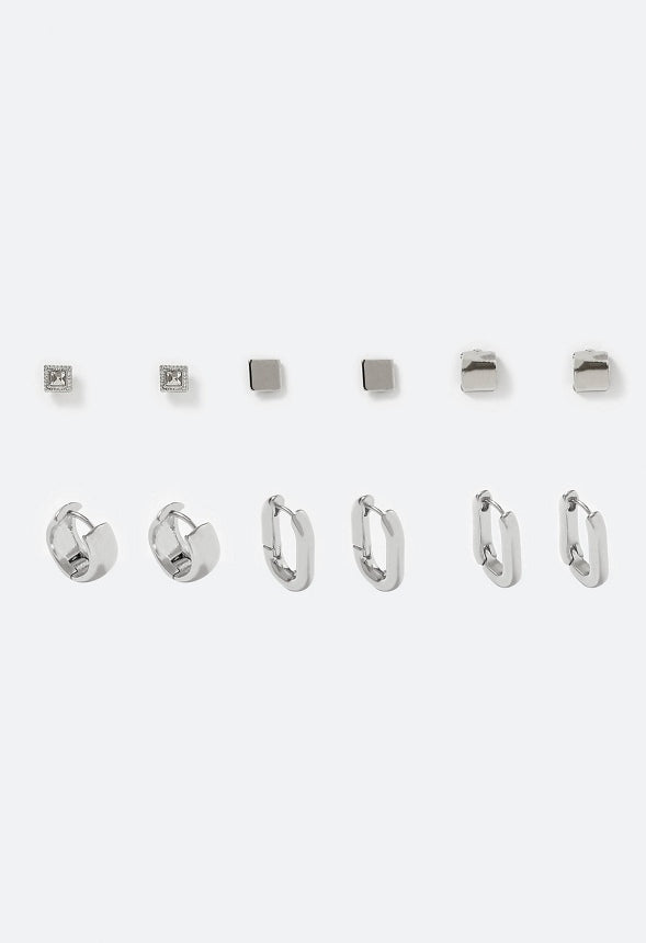 6-Pairs Pack Tara Mixed Metal Studs And Hinged Hoops Earrings Silver