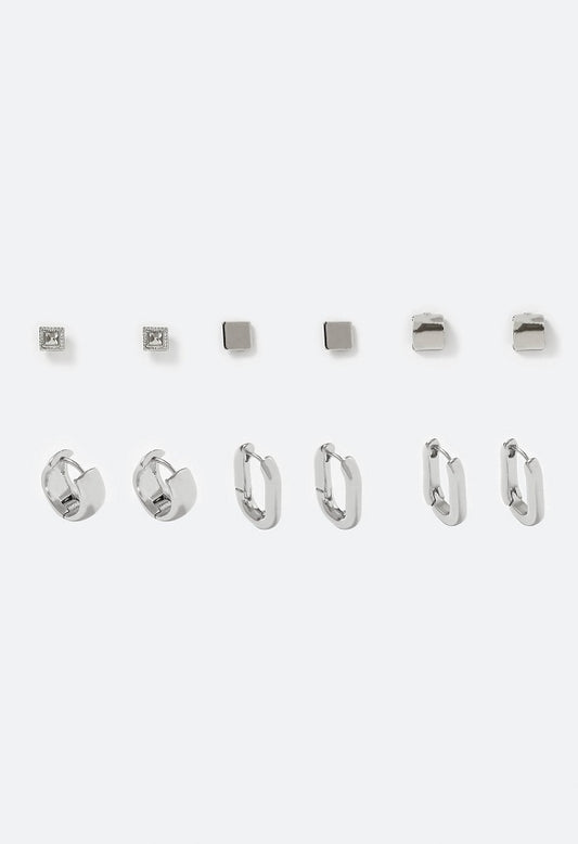6-Pairs Pack Tara Mixed Metal Studs And Hinged Hoops Earrings Silver