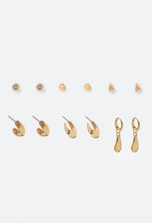6-Pairs Pack Roq Molten Studs And Organic Hoops Earrings Gold