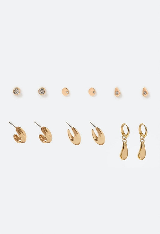 6-Pairs Pack Roq Molten Studs And Organic Hoops Earrings Gold