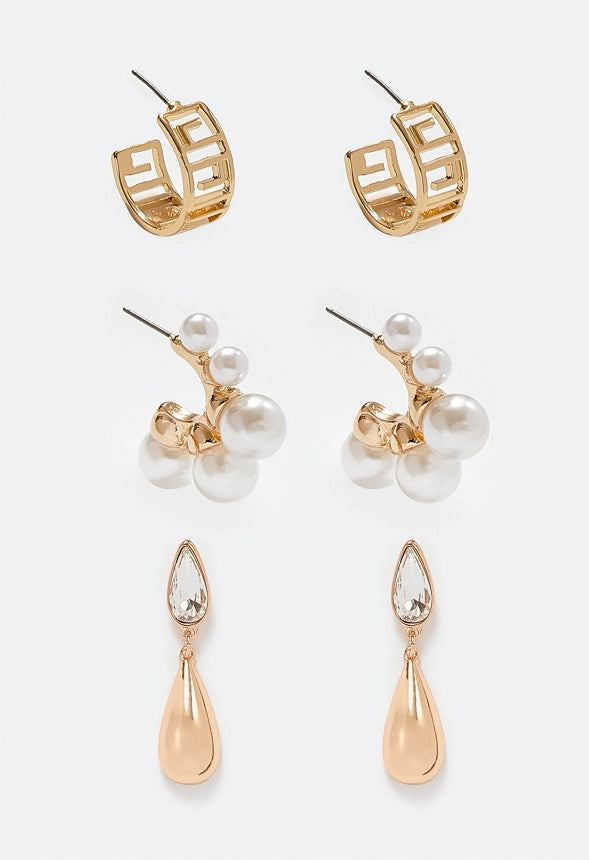 3-Pairs Pack Zya Geometric And Pearl Hoops And Glass Earrings Cream/ Gold