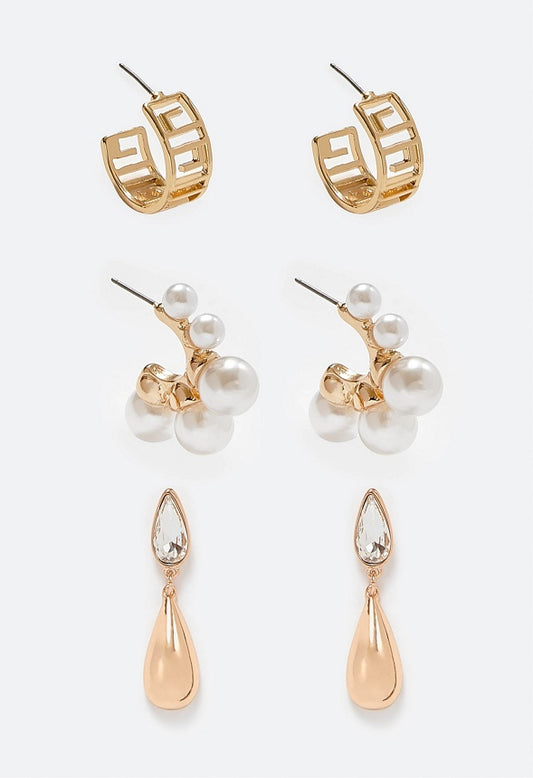 3-Pairs Pack Zya Geometric And Pearl Hoops And Glass Earrings Cream/ Gold