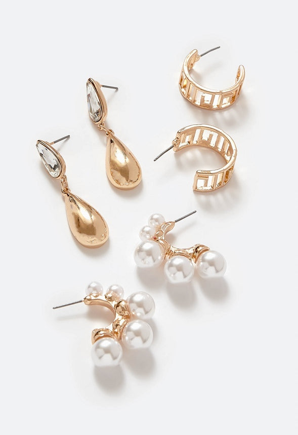3-Pairs Pack Zya Geometric And Pearl Hoops And Glass Earrings Cream/ Gold