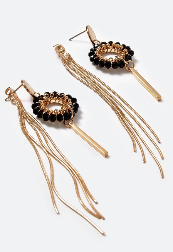 Gia Glass Bead Ring With Long Chain Fringe Drop Earrings Black/ Gold