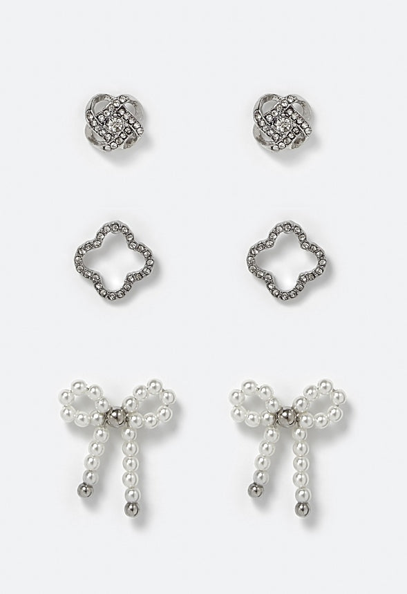Cora 3 Pair Pack Clover Knot and Pearl Bow Stud Earrings Black/ Silver
