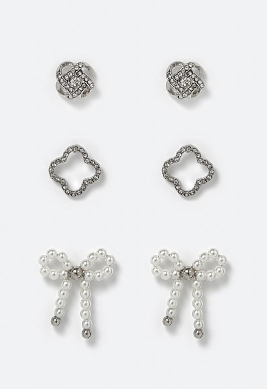 Cora 3 Pair Pack Clover Knot and Pearl Bow Stud Earrings Black/ Silver