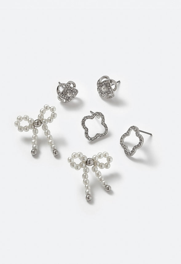 Cora 3 Pair Pack Clover Knot and Pearl Bow Stud Earrings Black/ Silver