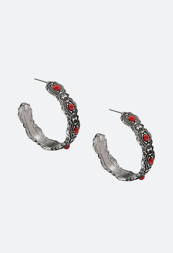 Lyla Rodeo Hoops Earrings With Semi Precious Stones Red/ Silver