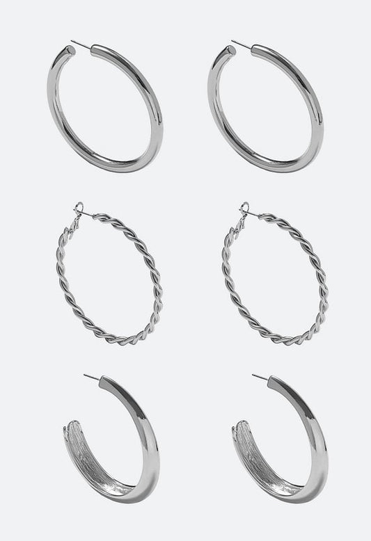 Evie 3 Pairs Smooth And Twist Hoops Earrings Silver