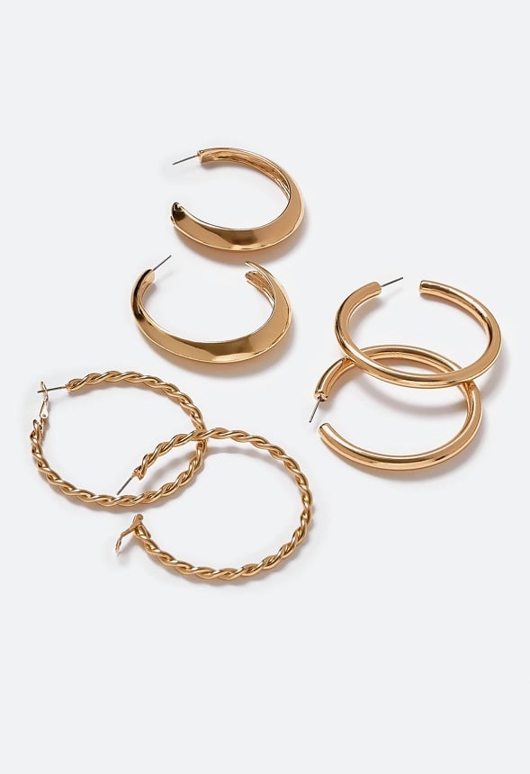 Evie 3 Pairs Pack Smooth And Twist Hoop Earrings Gold