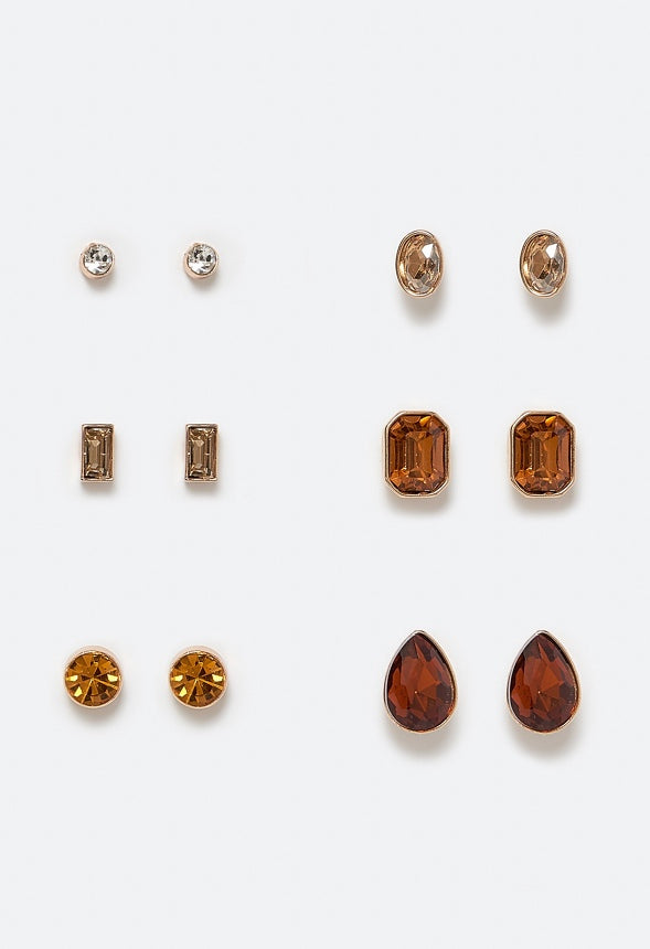 Adah 6 Pairs Mixed Shape Glass Stud Earrings In Topaz Tones Topaz/ Gold