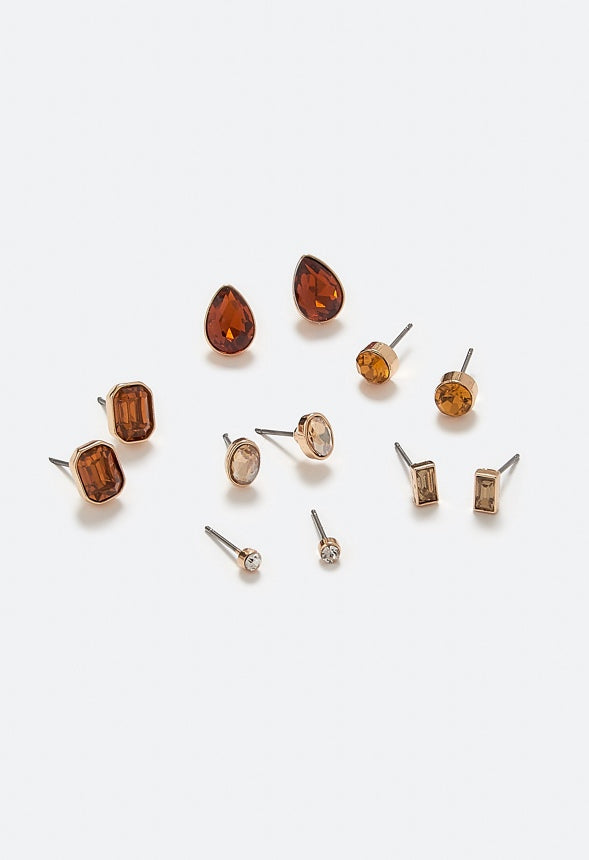 Adah 6 Pairs Mixed Shape Glass Stud Earrings In Topaz Tones Topaz/ Gold