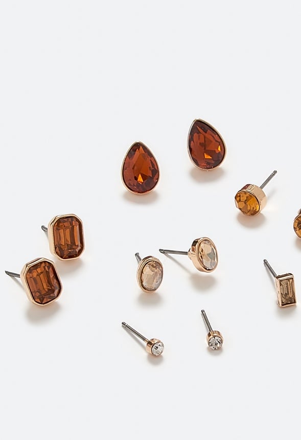 Adah 6 Pairs Mixed Shape Glass Stud Earrings In Topaz Tones Topaz/ Gold