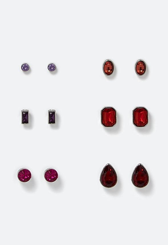 Adah 6 Pairs Mixed Shape Glass Stud Earrings In Berry Tones Multi/ Silver