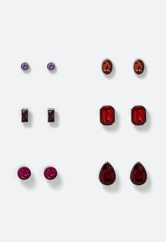 Adah 6 Pairs Mixed Shape Glass Stud Earrings In Berry Tones Multi/ Silver