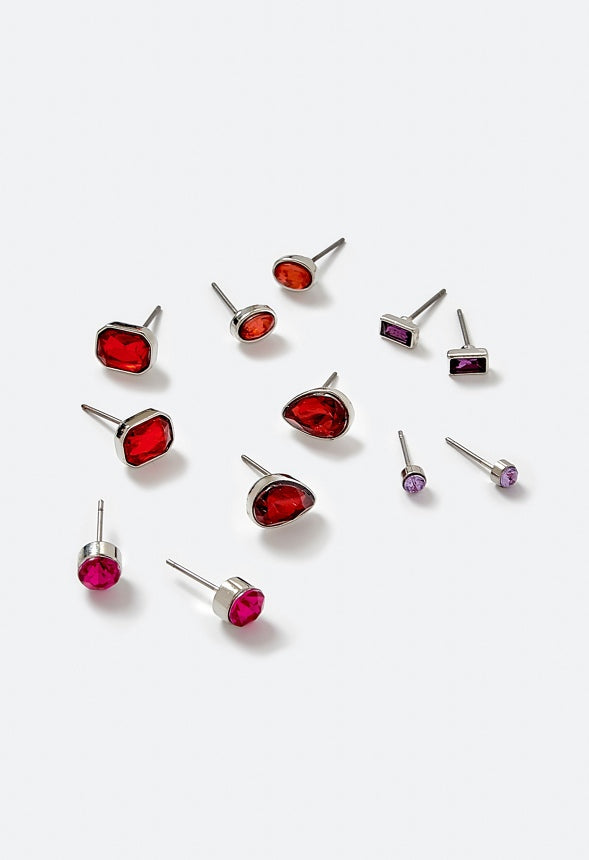 Adah 6 Pairs Mixed Shape Glass Stud Earrings In Berry Tones Multi/ Silver
