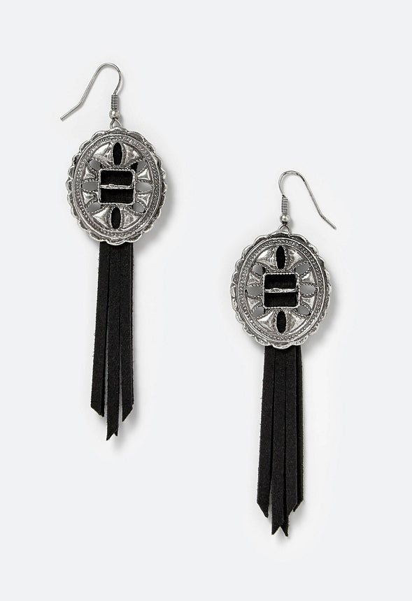 Jada Faux Suede Fringe And Western Motif Drop Earr Black/ Silver