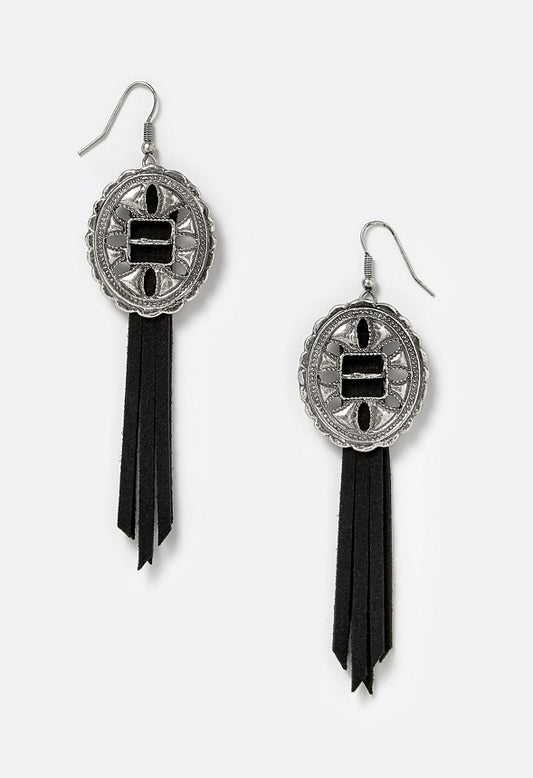 Jada Faux Suede Fringe And Western Motif Drop Earr Black/ Silver