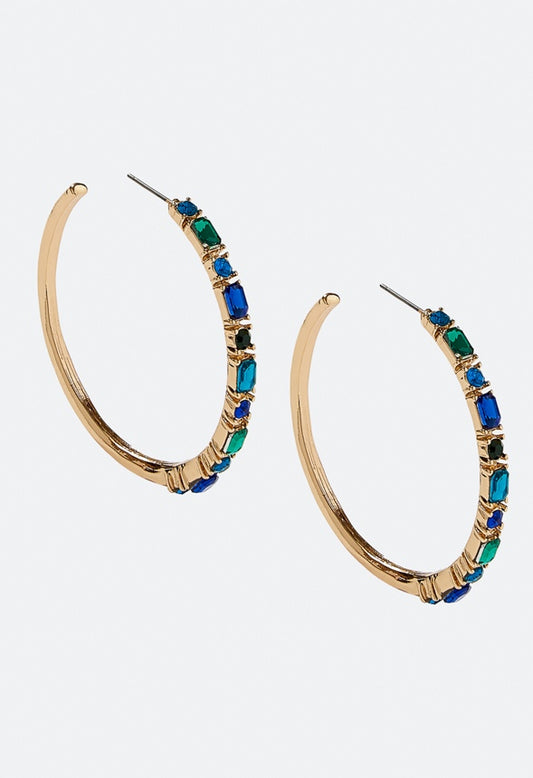 Fran Tonal Glass Stone Set Hoop Earrings Blue/ Green/ Gold