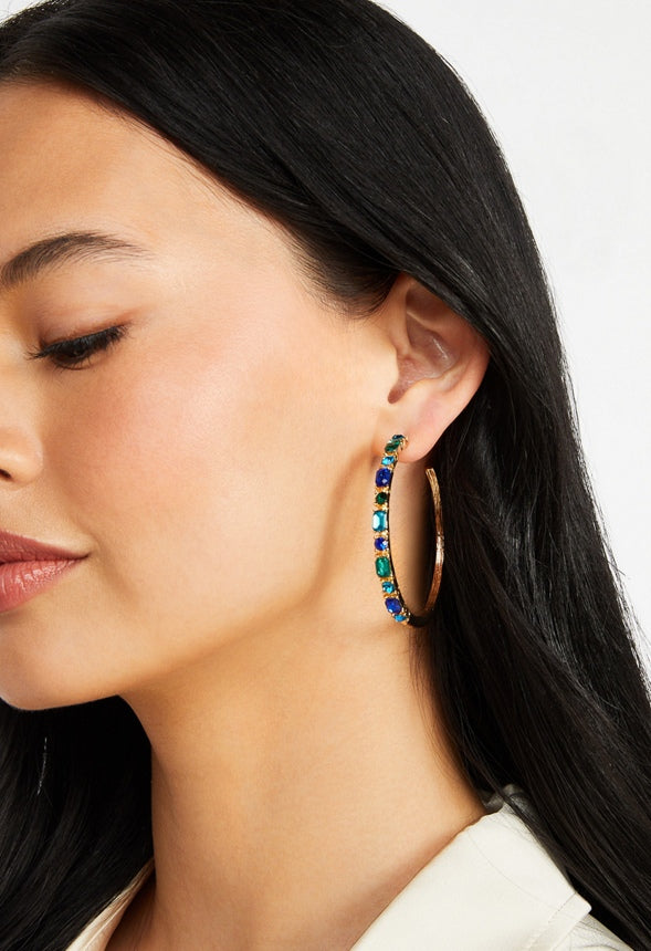 Fran Tonal Glass Stone Set Hoop Earrings Blue/ Green/ Gold