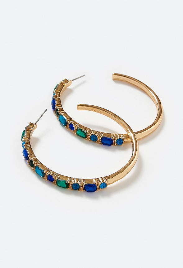 Fran Tonal Glass Stone Set Hoop Earrings Blue/ Green/ Gold