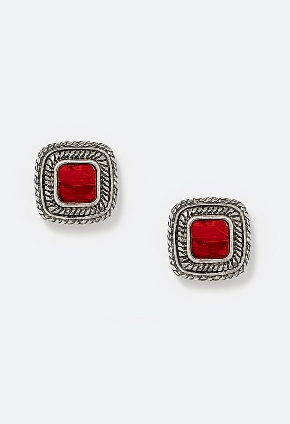 Ivet Square Stone And Ribbed Surround Stud Earrings Red/ Silver